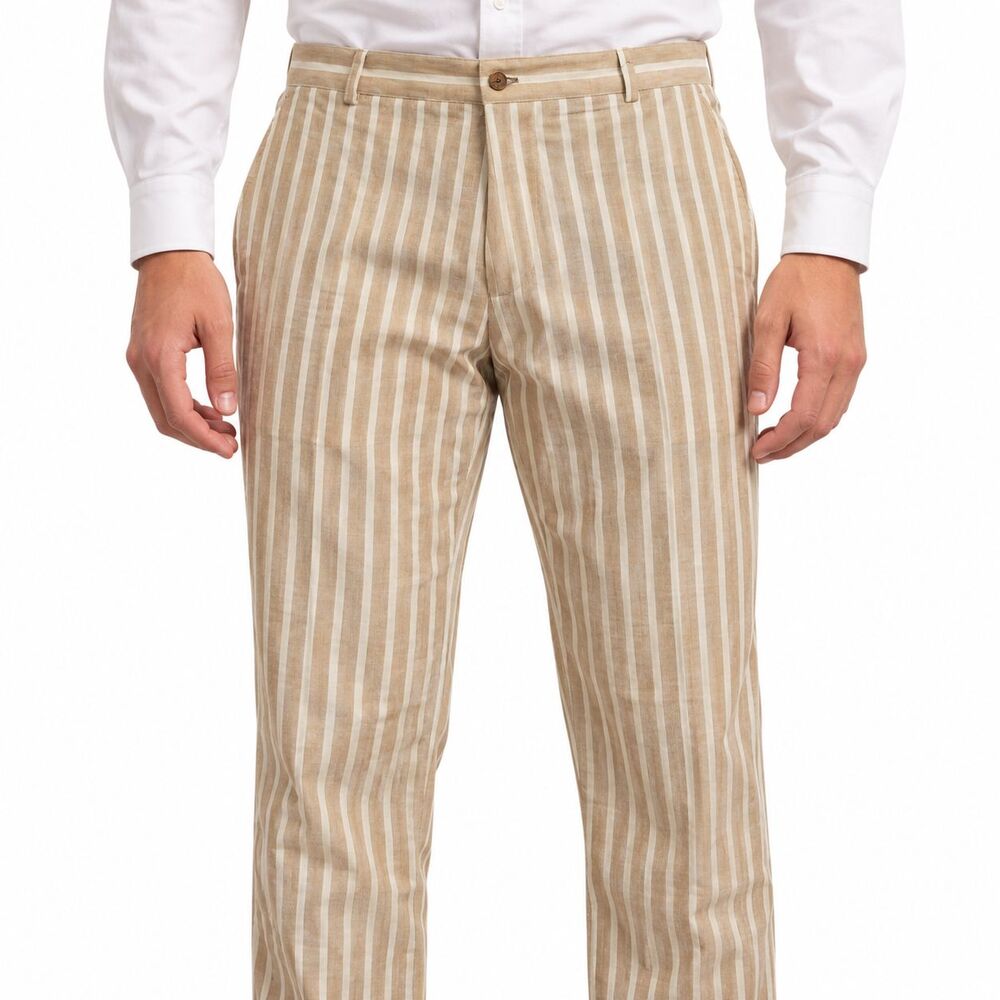 Mens 36 Tan White Striped Cotton Dress Pants Straight Fit Flat Front Handmade